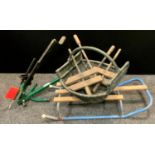 Tools - a foot action log splitter, wooden clamps, wicker trug, etc, quantity