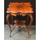 A flame mahogany occasional table moulded, shaped square top and under tier, French cabriole legs,