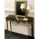 A marble topped console table (af); A gilt framed wall mirror; a two branch figuratively table lamp