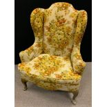 A George III style wingback side chair, by Madden Furniture, mahogany cabriole legs, 20th century