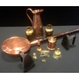 Brass and Copper - copper warming pan, a pair of Persian inspired brass vases; flat irons etc.