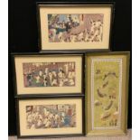 A set of three Oriental prints, of naked ladies bathing and in a sauna, 17cm x 35cm, framed; a