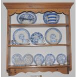 A pine open bookcase, moulded cornice, shaped apron, 90cm high, 78cm wide