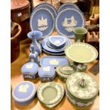 Ceramics - a collection of blue and green Wedgwood Jasperware inc plates, trinket dishes, trinket