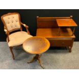 A telephone seat hall table; a tripod occasional table; an upholstered open arm chair (3)