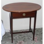 A '19th century' mahogany side table, oval top, drawer to base, tapered legs, H stretcher, 66cm