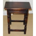 An 18th century style joint stool, turned legs, block stretcher, Century Furniture Company brass