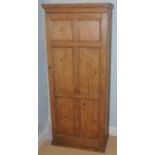A Victorian pine hall cupboard, six panel door, plinth base, 168cm high, 65cm wide