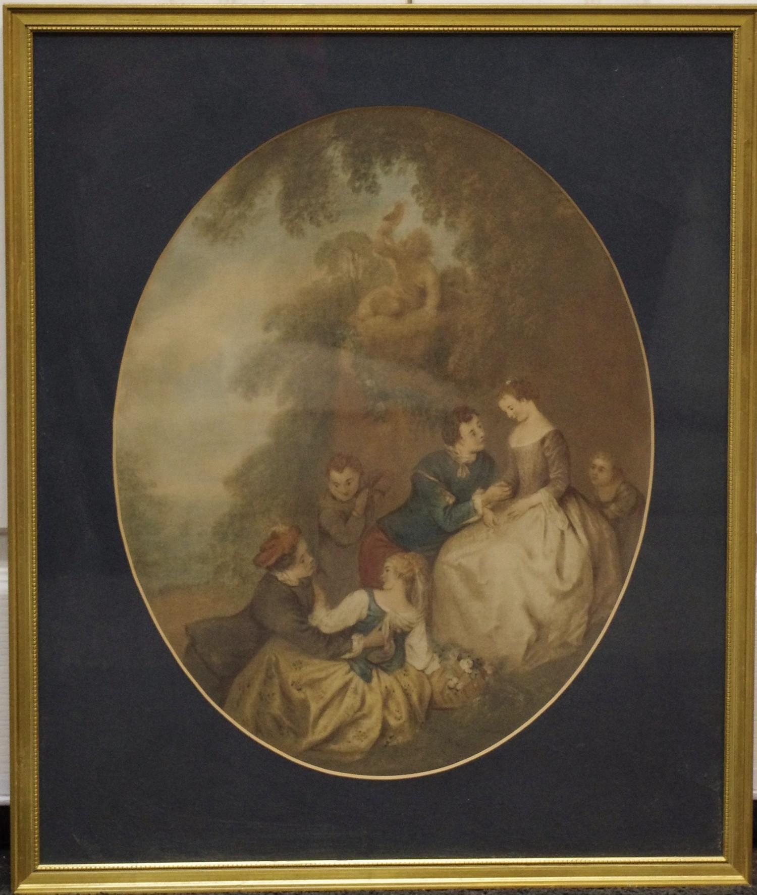 English School, 19th century, The Companions Courting Picnic, oval watercolour, 43.5cm x 34.5cm
