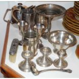 A sterling silver - clothes brush; pedestal sweetmeat dish; boudoir candlesticks; other plated