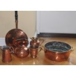 A 19th century copper roll top two handled pan, 51cm diam, c.1850; a copper warming pan; etc