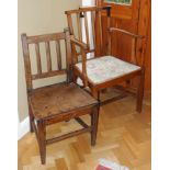 An 18th century beech elbow chair, drop in seat, H stretcher; an elm side chair (2)