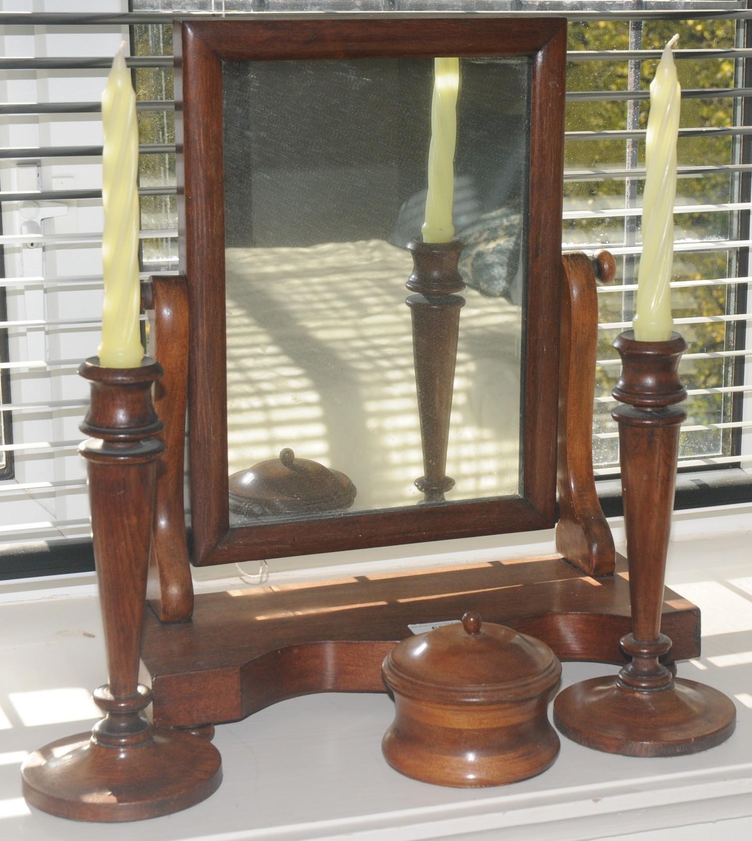 A Victorian dressing mirror, rectangular plate, shaped base, 47cm high, 39cm wide, c.1870; a pair of