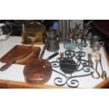 A 19th century brass salt box; a 19th century candle mould; a copper and steel chestnut roaster; etc