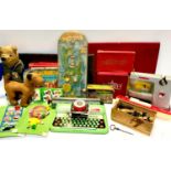 Toys - Vulcan Classic sewing machine; Metatoy Traveller typewriter, board games, teddy bear, etc