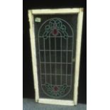 Ad Edwardian leaded stained glass window, arched floral crestings, 110cm x 51cm overall