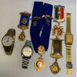 A silver ROAB medal, others, gilt metal; a Seiko 5 automatic gentleman's wristwatch, etc