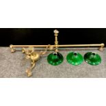 Lighting - an Edwardian brass billiard table 3 light tubular bar light fitting with green glass