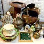 Ceramics & Metalware - a copper and brass coal scuttle, trench pickaxe shovel, studio pottery