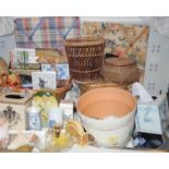 Wicker baskets; shells; pin boards; etc