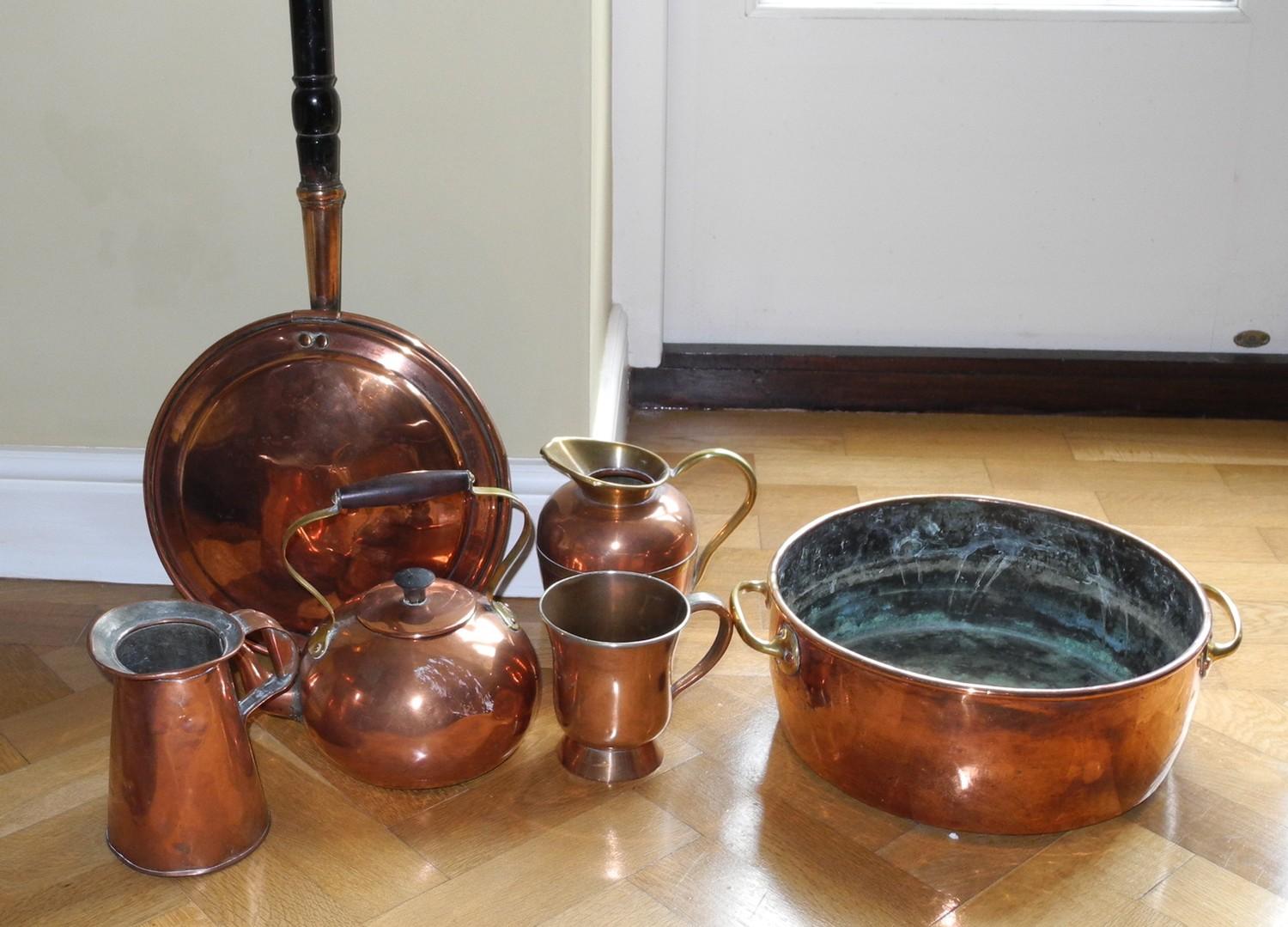 A 19th century copper roll top two handled pan, 51cm diam, c.1850; a copper warming pan; etc - Image 2 of 2