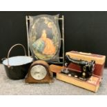 A vintage singer electrical sewing machine, enameled swing handle; pan; firescreen, etc
