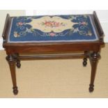 A late 19th century mahogany piano stool, with tapestry top, cylindrical legs, H stretcher, 50cm
