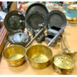 Two late Victorian brass pans, chestnut roaster, ladle and toasting fork; Pewterware - a pushup