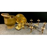 Metalware - a Victorian brass ejector candlestick; a pair of candlesticks; chamber stick; trays;
