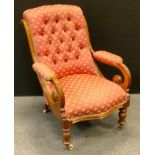 A Victorian mahogany button back library chair, padded scrolling open arms, serpentine stuffed