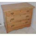 A Victorian pine chest, of three long drawers, shaped apron, 77cm high, 90cm wide, 46cm deep, c.1870