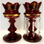 A pair of Victorian lustres ruby glass (af)