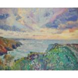 Warren S Heaton (modern) - Sunset towards Porthgain, oil on canvas, signed, titled verso, 61cm x