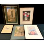 Pictures and prints - two coloured wood block prints; two unsigned watercolours, Off Tenant
