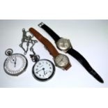 Watches - a military trade pattern stopwatch, white dial, another Ingersol chrome plated; Bermi