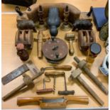 Treen - a Yoke; a fly fishing reel; two wooden pullet; carved animals; spoke shave etc