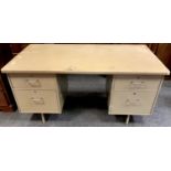 Industrial Salvage - a vintage 1960's grey pedestal desk, rounded rectangular top, two drawer filing