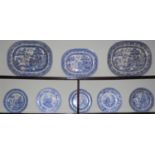 A Staffordshire shaped circular Sicilian pattern plate; a similar bowl, Asia; others, Willow pattern
