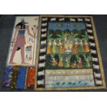 Textiles - an Indian hand painted fabric panel depicting deity, female attendants, lotus flowers