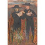 Agnes Fraser (Scottish Artist) Youths Eating Chips, in a field signed, label to verso, oil on