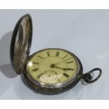 A silver hunter pocket watch, engine turned case, white enamel dial, Roman numerals, subsidiary