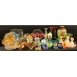 Glassware - a 19th century continental painted milk glass vase; others blue and amber carnival glass