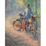 Rosemary Howard (20th century) The Red Bicycle signed oil on board, 49cm x 39cm