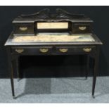 An Edwardian ebonised writing desk, swan neck gallery above a central rectangular bevelled mirror