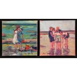 Ross Foster (20th century) A Pair, Children on a Beach signed, oils on canvas, 19cm square, unframed