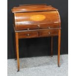 An Edwardian mahogany and marquetry cylinder bureau, shaped half gallery, oversailing rectangular