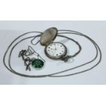 A silver hunter pocket watch, engine turned case, white enamel dial, subsidiary seconds hand, Harris
