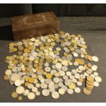 Coins - a box of various mainly 20th century foreign coins, bagged per county in timber box, all