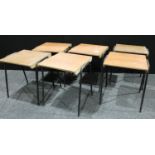 Industrial interest - a set of six plywood and tubular metal utility work tables, rounded square