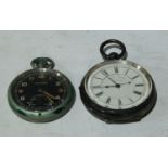 A silver centre seconds chronograph pocket watch, white enamel dial, Roman and Arabic numerals,